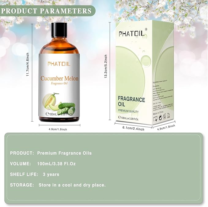 PHATOIL 3.38FL.OZ Cucumber Melon Fragrance Oils for Aromatherapy, Essential Oils for Diffusers for Home, Perfect for Diffuser, Yoga, Skin Care, DIY Candle and Soap Making - 100ml - Bloomnest