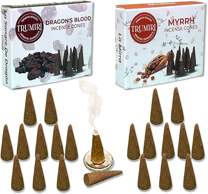TRUMIRI Incense Cones - Combo Pack of 20 Cone Incense - 10 Myrrh + 10 Dragons Blood - Insence Cones - Incense Cones Scented - Cone Incense Scents - Insense Cones - Incent Cone TRUMIRI