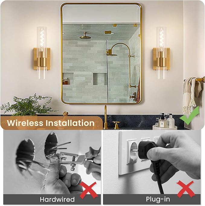 BELS Battery Operated Wall Sconces Set of Two, 13 Inch Gold Wireless Wall Light with Cylinder Clear Glass, Remote Control, Modern Wall Sconce for Bathroom, Bedroom, Living Room, Hallway - Bloomnest