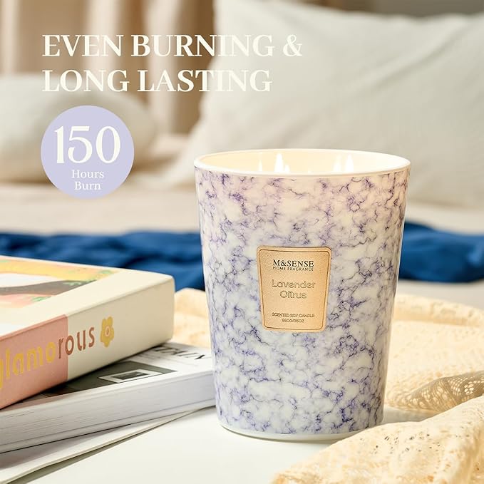 M&SENSE LavenderCitrus Scented Candles for Home, 3-Wick Highly Scented Jar Candles, Extra Large Candle 35 Oz 150 Hours Long Lasting Burning, Relaxing Aromatherapy Candle for Stress Relief, Meditation - Bloomnest