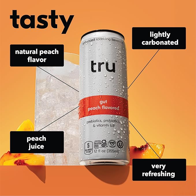 Tru Gut Seltzer, Sparkling Water with Prebiotics, Probiotics & Vitamin B3, Peach Juice & Natural Flavor, Lightly Carbonated, Gluten Free, Vegan, Caffeine Free, Low Calorie, 12 FL OZ Cans, 12 Pack - Bloomnest