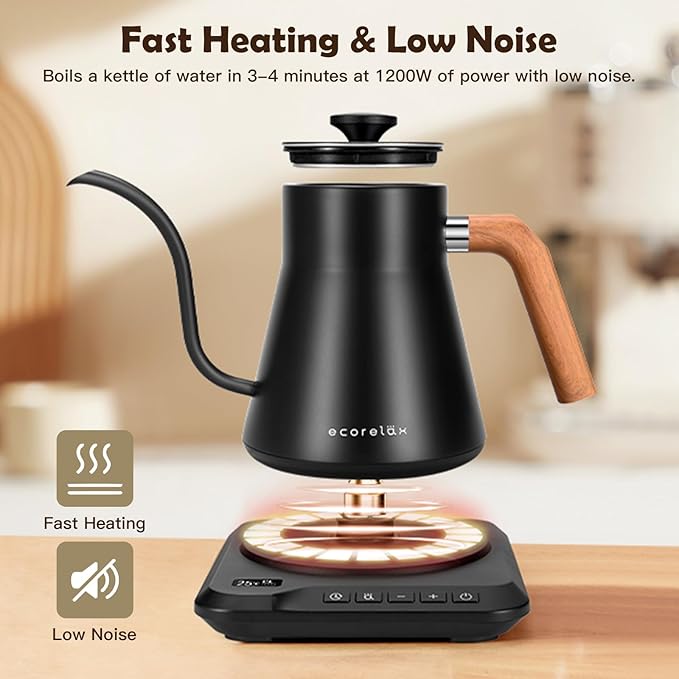 ECORELAX Gooseneck Electric Kettle, ±1℉ Temperature Control Pour Over Kettle for Coffee, Tea & Water, Stainless Steel 1200 W Keep Warm OLED Display 1 L (Black) - Bloomnest
