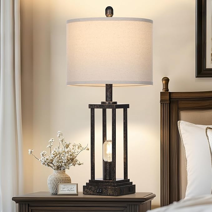 27" Tall Farmhouse Table Lamps with Night Light, Bronze Industrial End Table Lamp for Living Room, Rustic Bedside Lamps Set of 2 with USB C+A Ports & AC Outlet, Vintage Bedroom Lamp for Nightstand - Bloomnest
