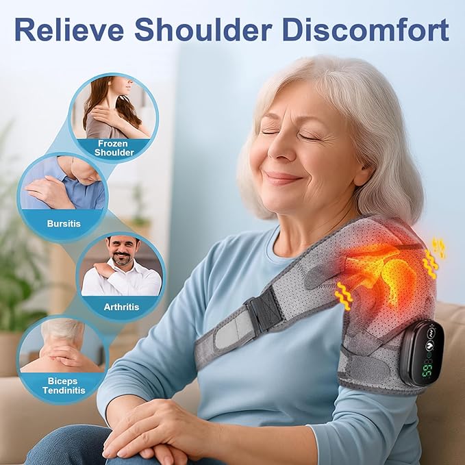Shoulder Heating Pad with Massage Cordless, Shoulder Massager for Pain Deep Tissue, Heated Shoulder Wrap with Massage, Heat Pad for Pain, Christmas Gifts for Men Women - Bloomnest