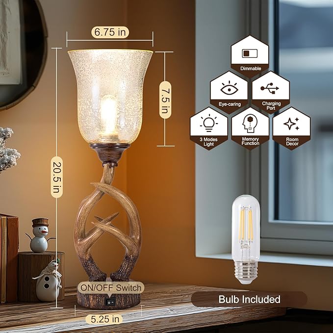 Scenekoy Antler Table Uplight Lamp for Living Room Bedroom, 20.5” Resin Memory Function Bedside Lamps with Glass Shade, Rustic Nightstand Lamp with USB Ports for Home Room Decor (Bulb Included) - Bloomnest