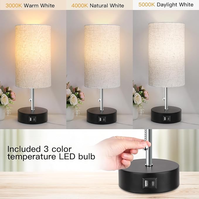 ROTTOGOON 3-Color Temperature Bedside Lamp Nightstand Lamp with USB A Port and C Port, Table Lamp for Bedroom with LED Bulb Small Lamps for Living Room (Otmeal) - Bloomnest
