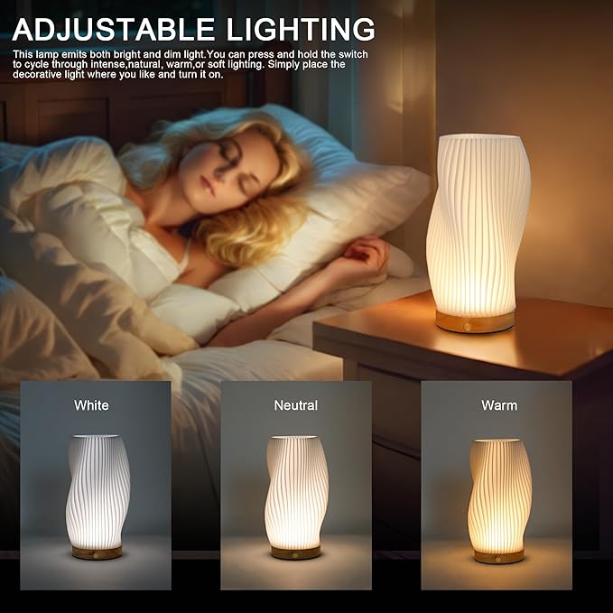 JHY DESIGN 3D Printed Touch Bedside Lamp 9" H Table Lamp 3-Color Light Source Dimmable Nightstand Lamp with Woodbase for Bedroom Living Room Indoors Outdoors(Spiral,Type-C Charging) - Bloomnest