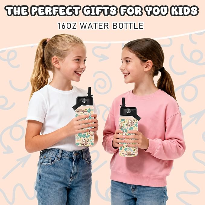 Sloth Water Bottle, 16oz Kids Stainless Steel Insulated Water Bottle with Straw Lid, Sloths Cup Tumbler Gifts for Sloth Lovers Women Girls - Bloomnest
