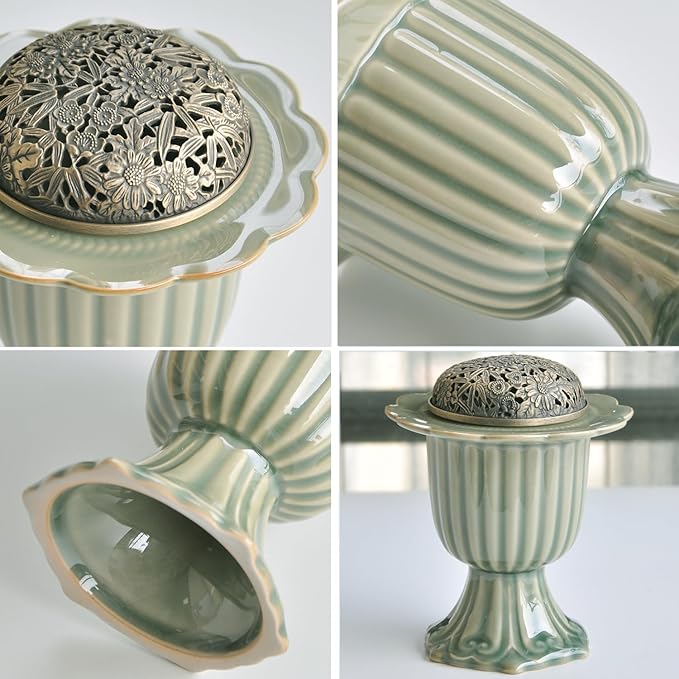 Ceramic Incense Holder with Braze Lid,Incense Cone Burner for Coil Incense,Mediation Gift,Home Decor (Light Green) - Bloomnest