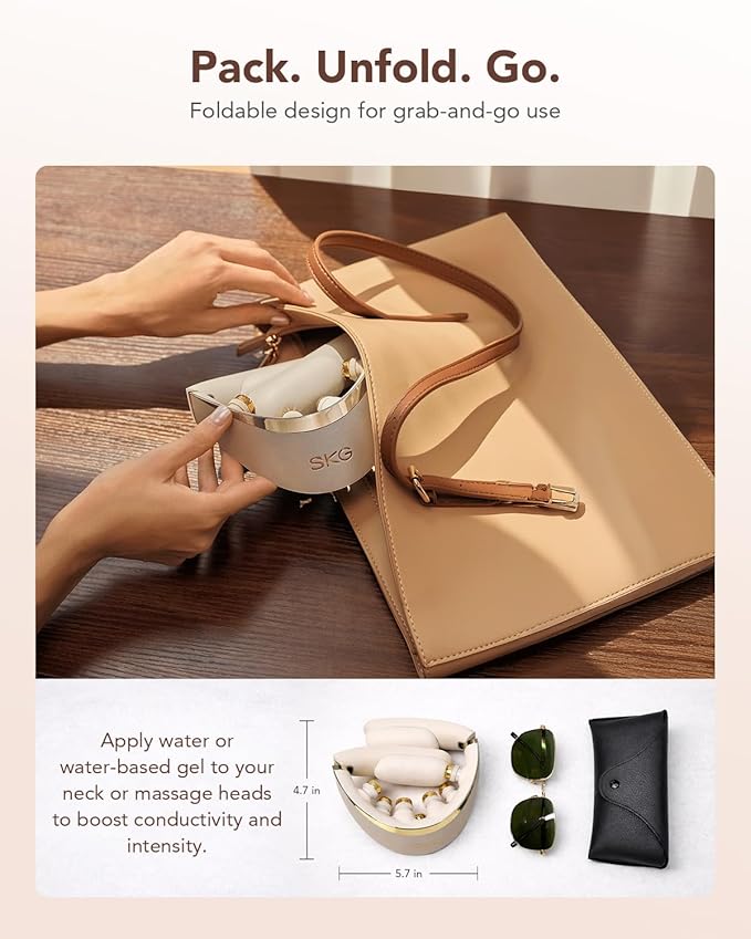 SKG G7 Pro Fold 3.0 Neck Massager for Pain Relief Deep Tissue Vibration Cordless Travel Massager, Innovative Foldable 3D Neck Massager for Office Home Car Travel, Gold Titanium Neck Massager SKG