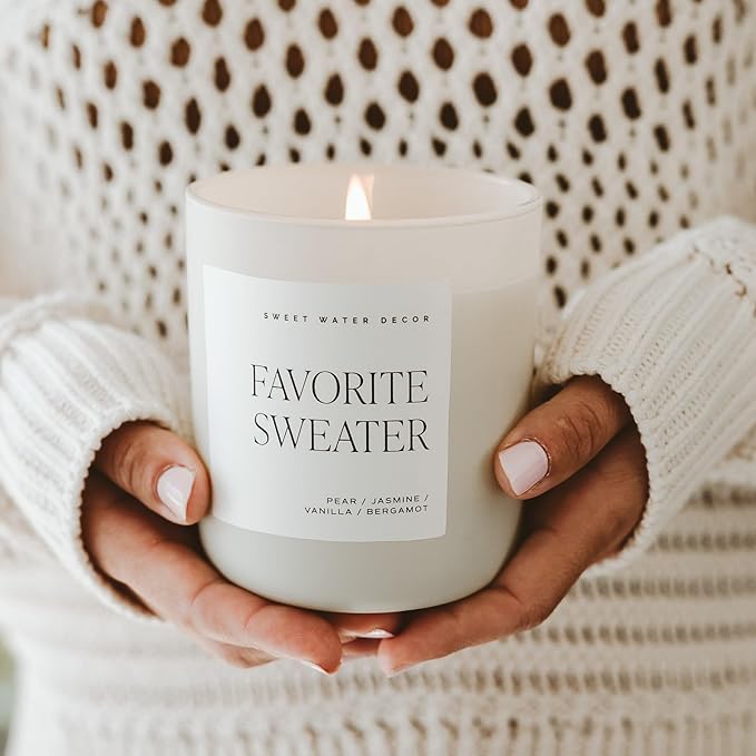 Sweet Water Decor Sweater Winter Christmas Holiday Candle - Milky Coconut, Jasmine, and Soft Cashmere Scented Candle for Home - 15oz Clear Jar, 70+ Hour Burn Time, Made in The USA - Bloomnest