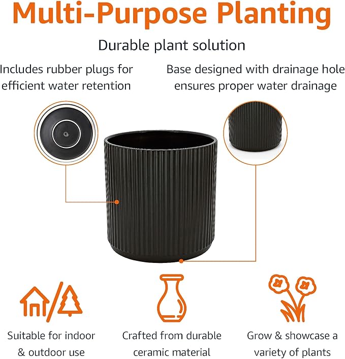 Amazon Basics Fluted Ceramic Round Planter, 10-inch, Black - Bloomnest