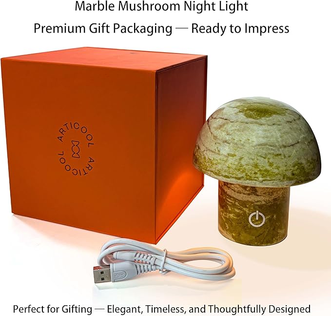 Natural Stone Mushroom Lamp - Jade Gemstone Night Light with LED, Touch Control 3 Brightness, USB Rechargeable Bedside Table Decor Gift - Bloomnest