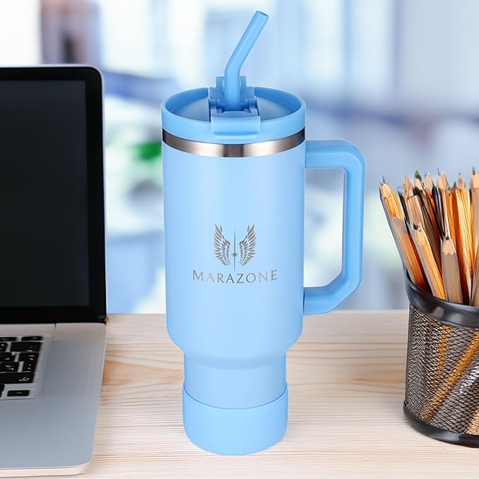 40 oz Insulated Tumbler with Handle and Straw – Stainless Steel Double Wall Vacuum Cup Fits Car Cup Holder, Hot Cold Travel Mug, BPA Free Reusable Water Bottle Gift for Women Men - Sky Blue - Bloomnest