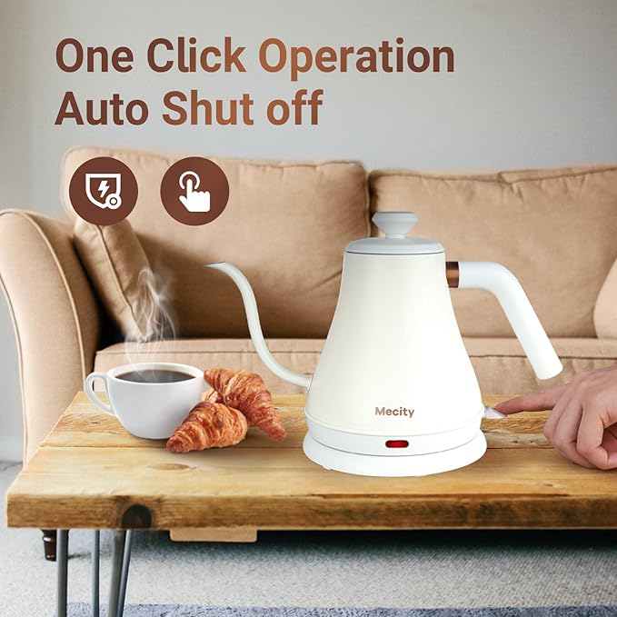 Mecity Electric Kettle Stainless Steel Gooseneck Water Kettle Water Boiler for Pour Over Coffee Fast Heating, Auto Shut Off, 27 fl oz, 1000W, Milk White - Bloomnest