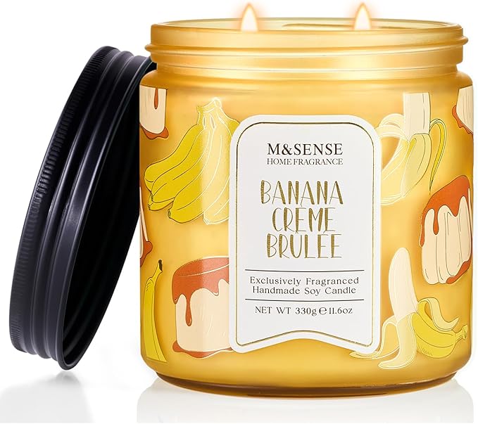 M&SENSE Banana Cream Pudding Scented Candle, 11.6oz Natural Soy Wax, 70 Hours Long Lasting Clean Burn, Holiday Jar Candle for Home Decor, Non-Toxic Relaxing Aromatherapy Gifts for Women - Bloomnest