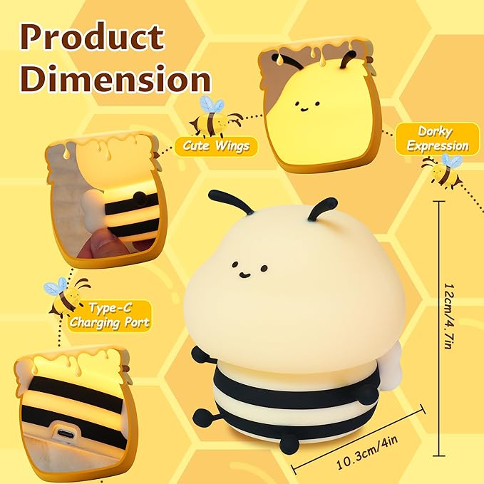 YuanDian Cute Bee Night Light for Kids, Nursery Night Lamp Kawaii Animal Bedside Nightlight with 7 Colors 3 Levels Dimmable Tap Control Rechargeable Nightlights - Bloomnest