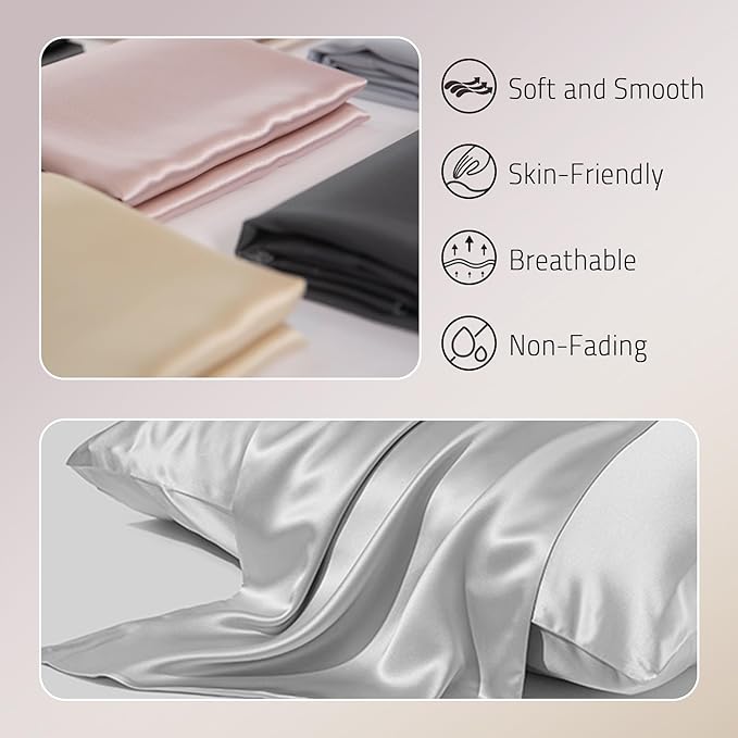 Mulberry Silk Pillow Cases Set of 2, Both Sides Real Silk Pillow Cover for Hair and Skin Prevent Acne Pillowcase Organic Silk Pillowcase 2 Pack with Hidden Zipper, Silver Grey, Queen (20"×30") - Bloomnest