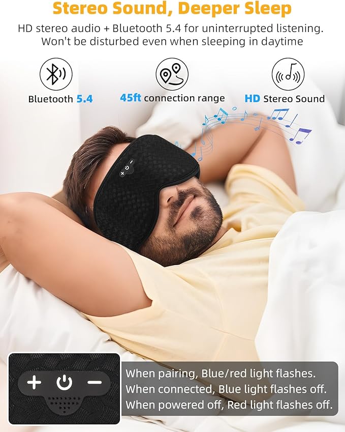 3D Contoured Sleep Mask with Bluetooth Headphones, Adjustable Blackout Sleeping Mask, Easy Installation Sleeping Headphones with Ultra-Thin Stereo Speakers for Men, Women - Embroidered Blue - Bloomnest