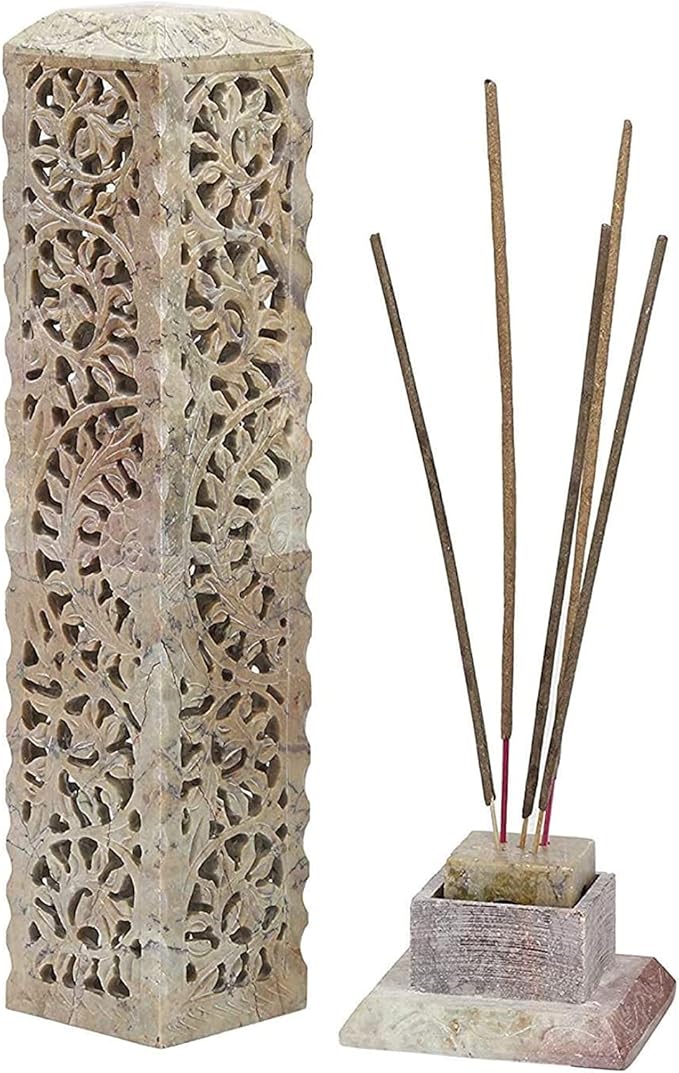 Carry Me Handmade Marble Soapstone Incense Stick Burner | Candle Stick Holder | Tea Light Burner - Perfect Floral Carving for Gifting. Decorative Home and Kitchen Decor (3 x 3 x 11 Inches) - Bloomnest