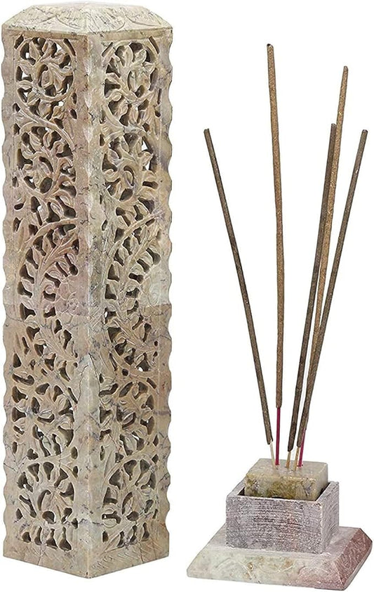 Carry Me Handmade Marble Soapstone Incense Stick Burner | Candle Stick Holder | Tea Light Burner - Perfect Floral Carving for Gifting. Decorative Home and Kitchen Decor (3 x 3 x 11 Inches) - Bloomnest