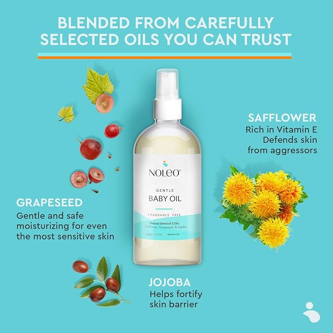 NOLEO Gentle Baby Oil - Calming Baby Oil for Newborn w/Grapeseed, Safflower & Jojoba Baby Skin Care Natural Oils - Baby Oil Organic for Sensitive Skin, No Fragrance & No Perfumes - 4 oz - Bloomnest