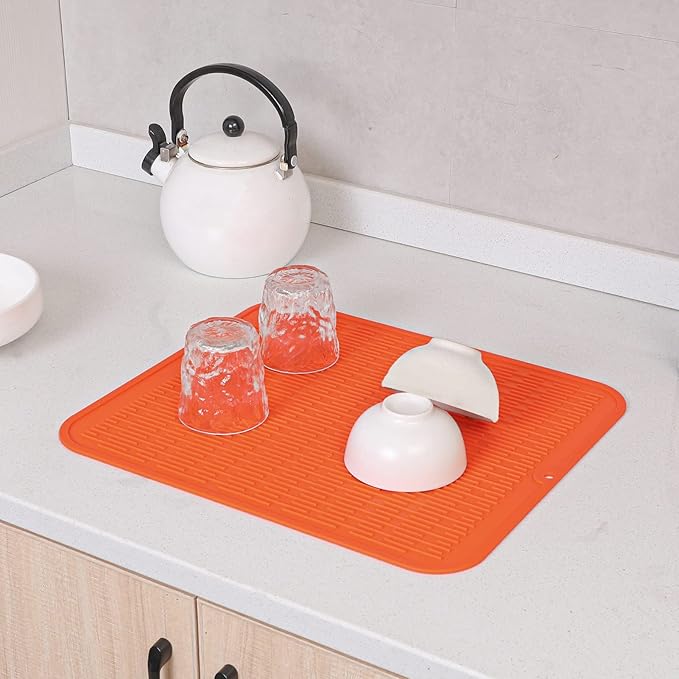 Silicone Dish Drying Mat for Multiple Usage,Easy clean,Eco-friendly,Heat-resistant Silicone Mat for Kitchen Counter or Sink,Refrigerator or Drawer Liner Orange XL 18 inches x 16 inches - Bloomnest