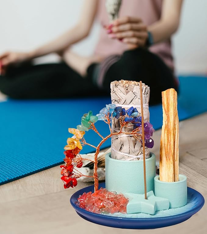 Multifunction Incense and Candle Holde, Crystal Tree Palo Santo Burning Sage Burner, Smudge Bowl Ash Catcher, Coffee Table Centerpiece Decor for Living Room, Women Gifts for Christmas - Bloomnest