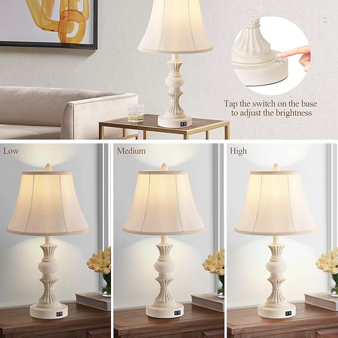 Touch Control Table Lamp Set of 2, 3-Way Dimmable Bedside Lamp with 2 USB Charging Ports, French Country Style Nightstand Lamps with Faux Silk Shade for Living Room, Bedroom - Antique White - Bloomnest