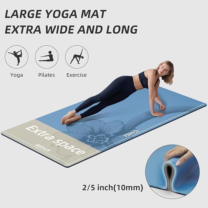 Large Yoga Mat 75"x 40"x10mm (2/5 inch) – Extra Thick & Wide, TPE Fitness Mat, Printed Non-Slip Exercise Mat with Carrying Strap for Men & Women, Pilates, Stretching, Fitness & Workout - Bloomnest