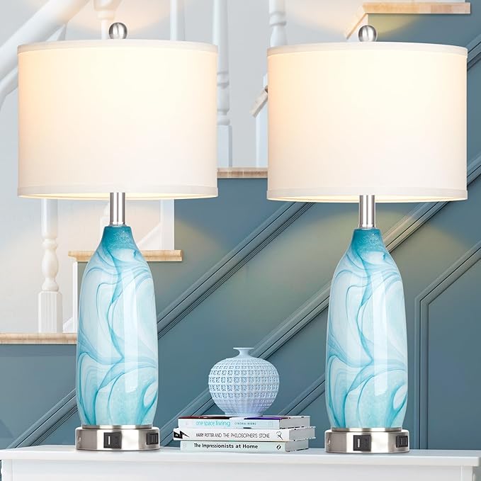 26" Coastal Table Lamps Set of 2, Modern Table Lamps with USB A+C Ports & AC Outlet, Touch Control Glass Bedside Nightstand Lamp with Night Light for Living Room Bedroom End Table Blue(Bulbs Included) - Bloomnest