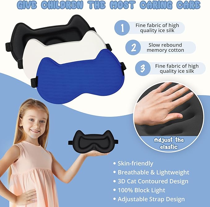 Kids Sleep Mask Eye Mask: 3D Contoured Cup Sleeping Masks, Blindfold with Adjustable Strap, Kids Eye Cover for Boys, Girls, Teens, Pressure-Free with Memory Foam Face Mask for Sleeping (Royal Blue) - Bloomnest