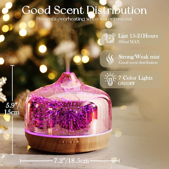 Porseme 500ml Essential Oil Diffuser 3D Glass Aromatherapy Ultrasonic Humidifier - Auto Shut-Off, BPA Free for Home Hotel Yoga SPA Gift - Bloomnest