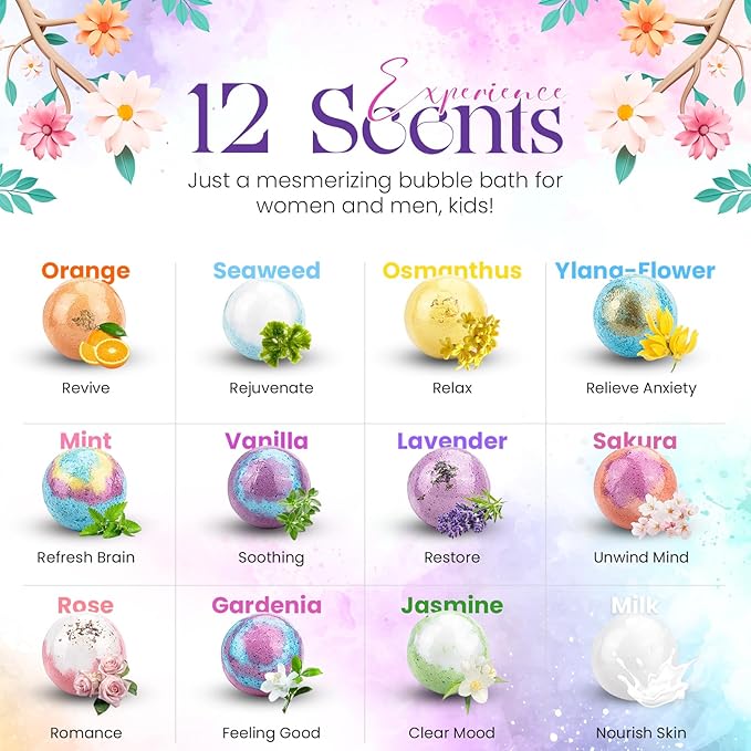 Bath Bombs for Women Pack of 12 Handmade for Women Gift Set, All Natural with Essential Oils, Shea Butter & Luxurious Bubbles - Relaxing Bath Bombs for Adults, Spa Fizzies, Moisturizing Bath Balls - Bloomnest