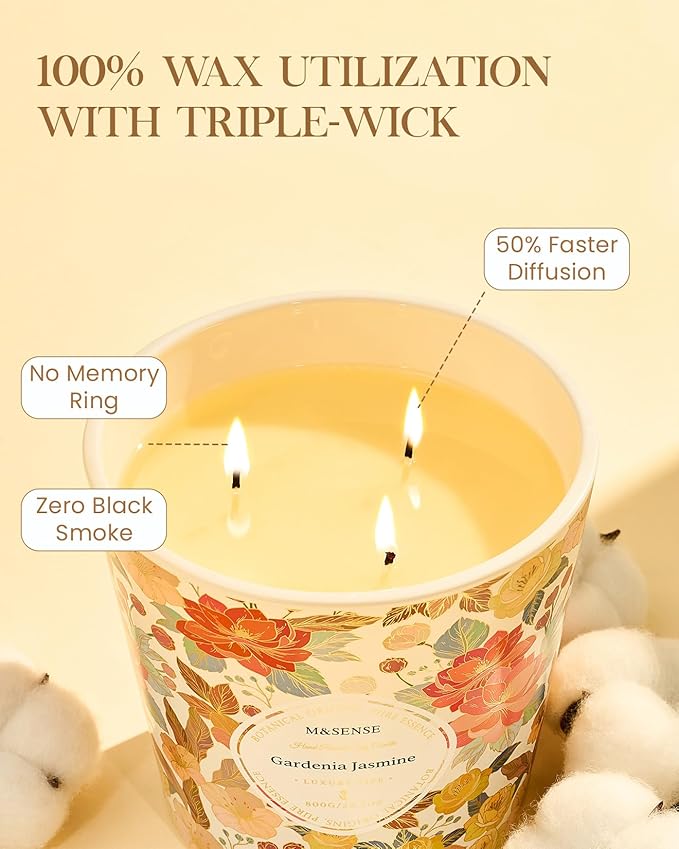M&SENSE Gardenia Jasmine Scented Candle, 28.2oz 3 Wick Natural Soy Wax Large Candles, Long Lasting Clean Slow Clean Burning No Toxic Décor for Home Relaxation, Romantic Dates & Gift-Giving - Bloomnest