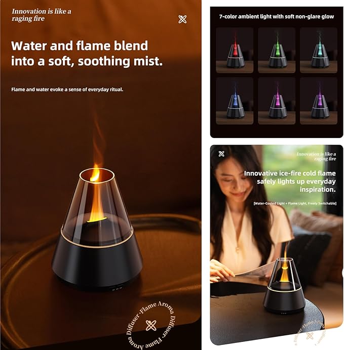 Ultrasonic Aroma Diffuser with Simulated Flame, 150ml, Timer and Auto-Off, LED Ambient Light (White) - Bloomnest