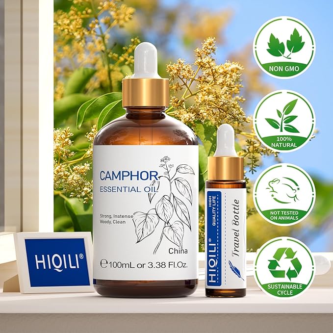 HIQILI 100ML Camphor Essential Oil Pure, 100% Undiluted for Skin, Diffuser, Aromatherapy - 3.38 Fl Oz - Bloomnest