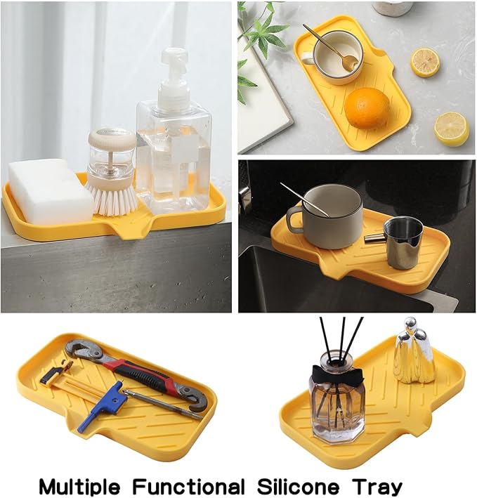 Silicone Bathroom Soap Dishes with Drain Spout-Bathroom and Kitchen Sink Organizer,Sponge Holder,Dish Soap Tray,Perfect for Dispenser,Scrubber,Bottle,Cup on Sink or Counter-Yellow 9.6"×5.3" - Bloomnest