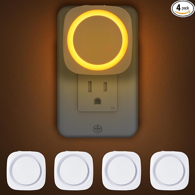 Amber Night Lights Plug into Wall, 4 Packs Dimmable Night Light with Dust to Dawn Sensor, Automatically Turn on and Off, Gentle Glow Nightlight for Bathroom,Bedroom,Stairs,Kitchen,Hallway, Amber - Bloomnest