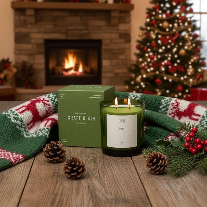 Craft & Kin Lavender Christmas Scented Candles | 12oz Premium Lavender Woods Winter Scented Candles for Men and Women | Holiday Candles Made with Natural Soy | Nature Collection - Bloomnest