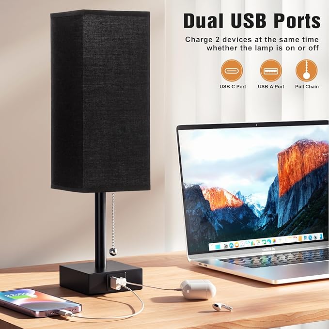 Bedside Table Lamps Set of 2 - Black Bedroom Lamps with 3 Color Temperatures (3000K/5000K/4000K), Two Square Nightstand Lamps with USB C + A Charging Ports, Pull Chain Small Night Light for End Table - Bloomnest