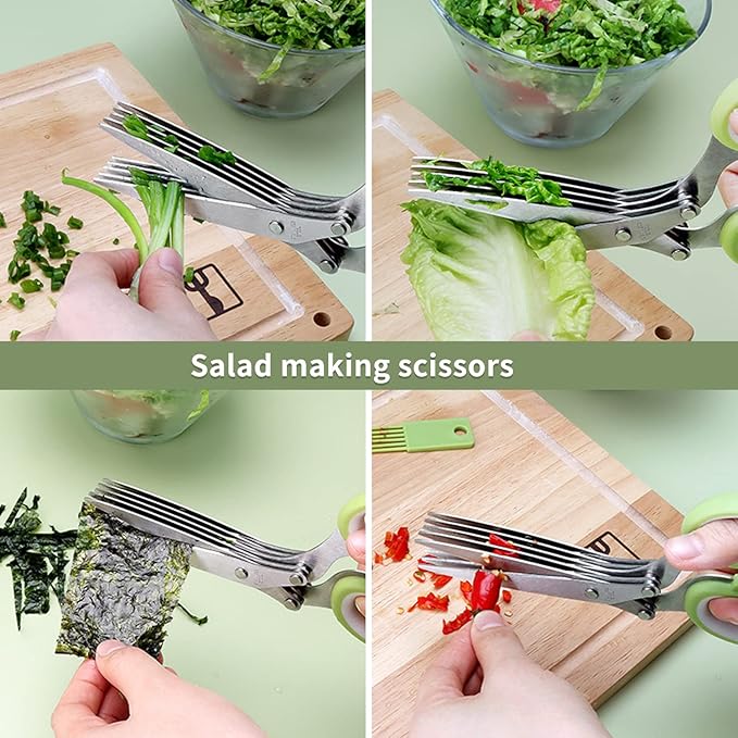 Herb Scissors Set,Multipurpose 5 Blade Kitchen Herb Cutter with Safety Cover and Cleaning Comb for Cutting Shredded Lettuce, Cilantro Fresh, Green Onion Fresh and etc. - Bloomnest