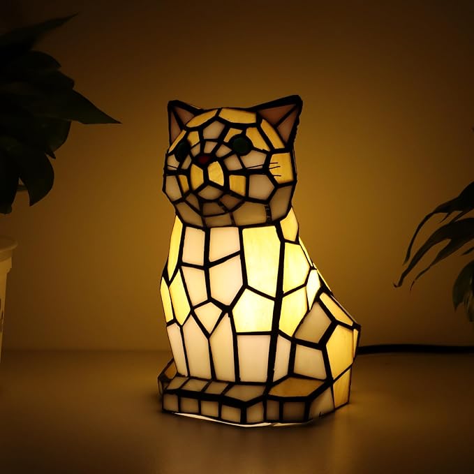 Tiffany Cat Lamp Yellow and White Stained Glass Animal Table Lamp Accent Lamp - Bloomnest