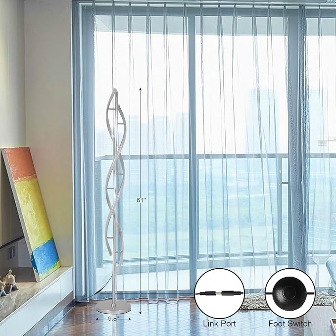 Tall Modern Floor Light Lamp for Living Room,Dimmable Spiral Corner Bedside Lamp with Rmoete for Bedroom,LED 3 Color Floor Lamp with Foot Switch for Dining Room(Silver) - Bloomnest