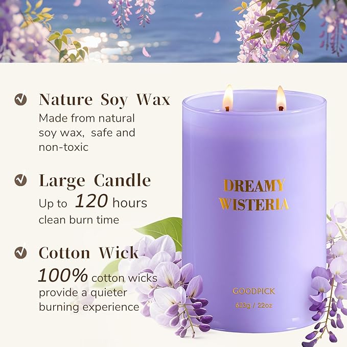 Goodpick Scented Candles, Wisteria Lavender Gifts for Women, Soy Candles for Home Scented, 22oz Long-Lasting Highly Scented - Bloomnest