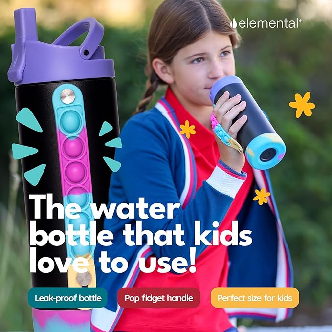 Elemental Iconic Kids Water Bottle for School - 100% Leak-Proof Insulated Water Bottles with Straw Lid & Pop-It Handle for Boys & Girls - Triple-Wall Insulated & BPA-Free, 14oz – Black Tie Dye - Bloomnest