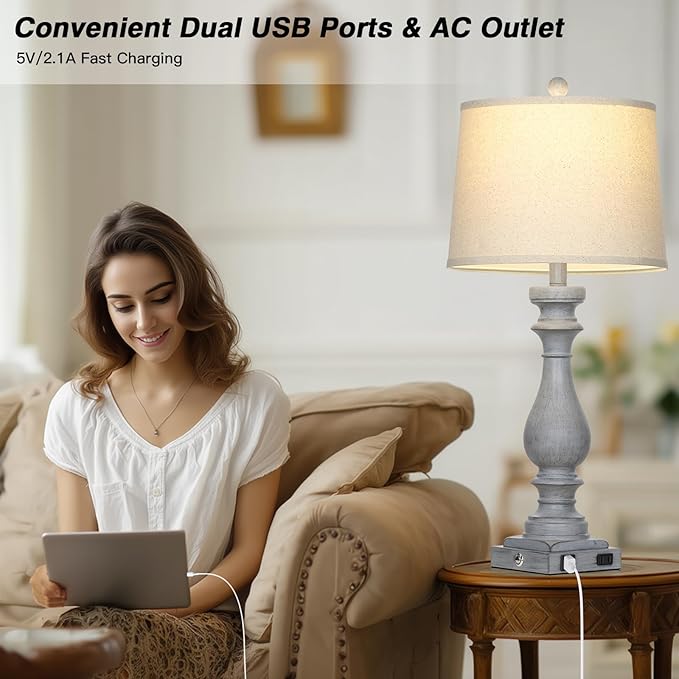 29" Tall Farmhouse Table Lamp for Living Room Set of 2,Vintage Retro Nightstand Lamps with USB C+A Ports & AC Outlet,3-Way Dimmable Touch Bedside Lamp for Bedroom Side Table,Light Grey - Bloomnest