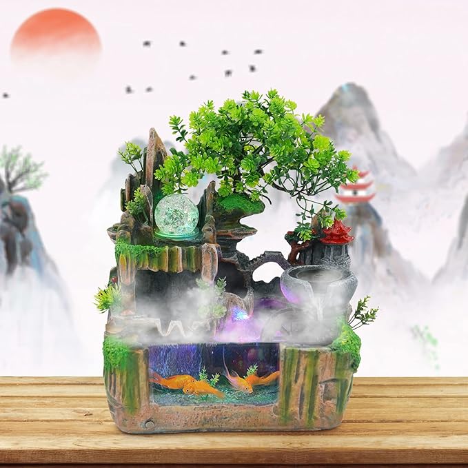 Indoor Fountain Rockery Tabletop Fountain with an Atomizer Elaxation and LED Light Water Feature Meditation Desktop Fountains for Home Office Decor or Gift 11.81''L x 7.09''W x 12.99''H