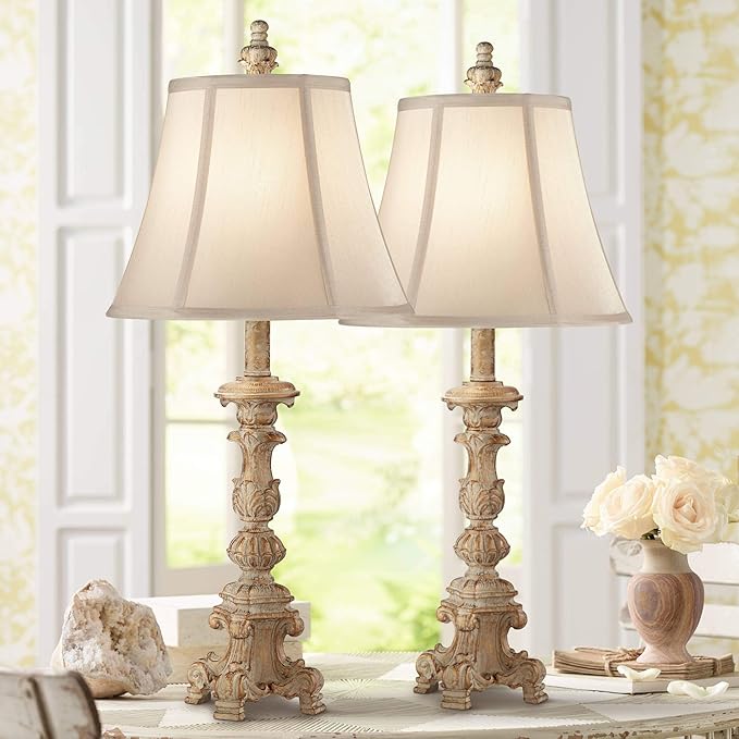 Regency Hill Elize Traditional French Country Style Vintage White Washed Candlestick Table Lamps 26.5" High Set of 2 Bell Shade for Living Room Bedroom House Bedside Nightstand Home Office - Bloomnest