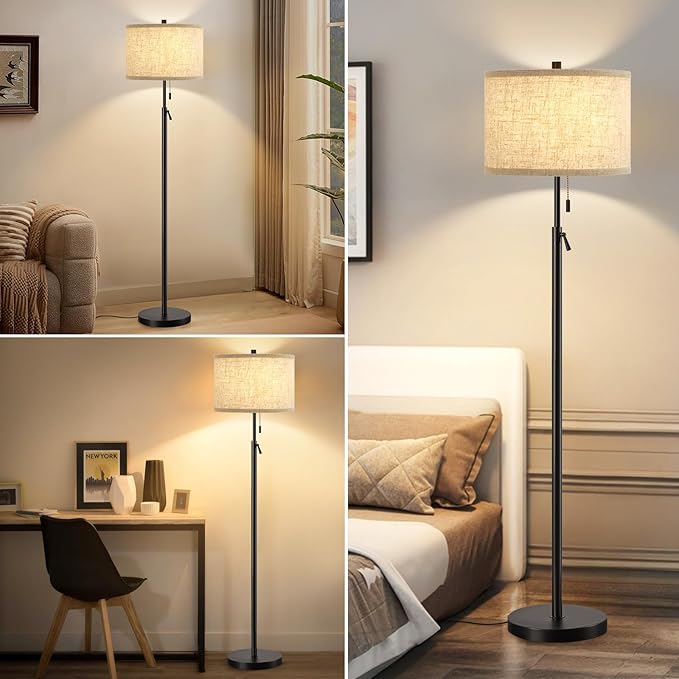 GyroVu Black Floor Lamp, Height Adjustable Standing Lamp Tall Lamp with Fabric Lampshade&Pull Chain Corner Floor Lamps for Living Room, Bedroom & Office Bulbs Not Included(Black Base) - Bloomnest